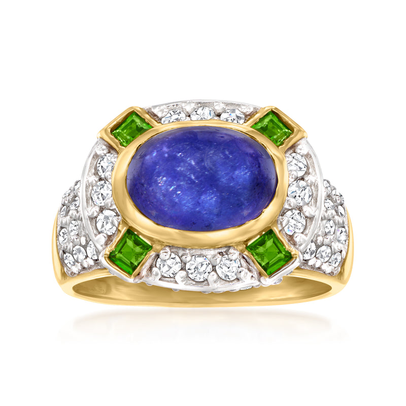 18kt gold over sterling ring with oval blue tanzanite, white zircon halo, green accents