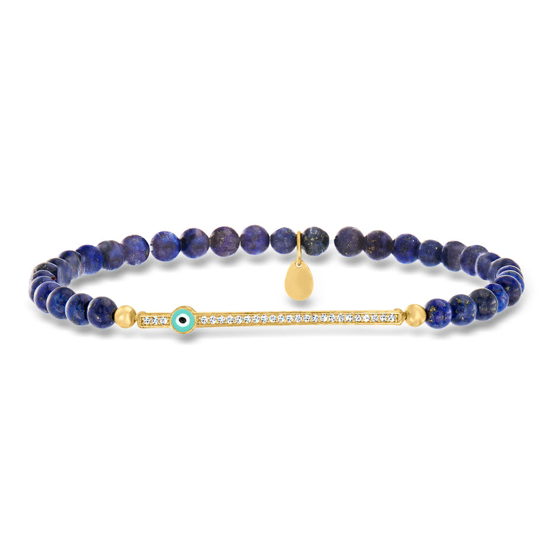Lapis evil-eye CZ stretch bracelet with gold bar charm and blue bead strands