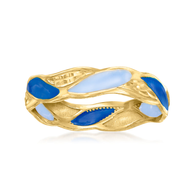 14kt yellow gold enamel ring with blue stone-like insets and openwork band