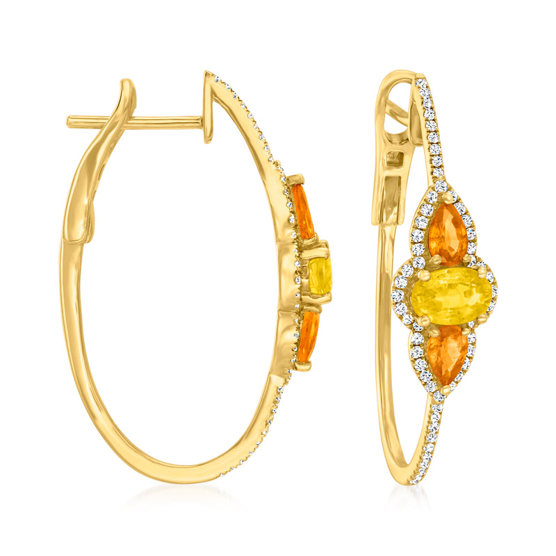 Yellow gold hoop earrings with yellow and orange sapphires and diamonds