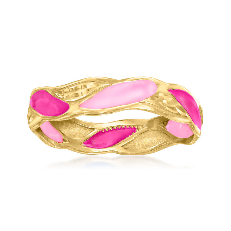 14kt yellow gold ring with pink enamel in oval cutouts