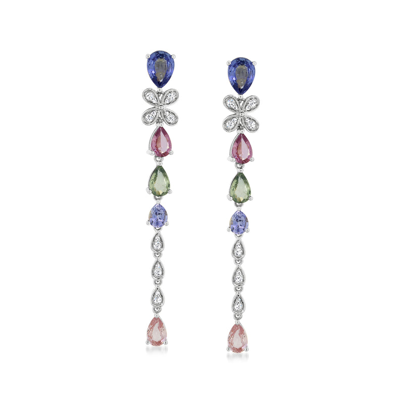 Multicolored sapphire and diamond drop earrings in white gold