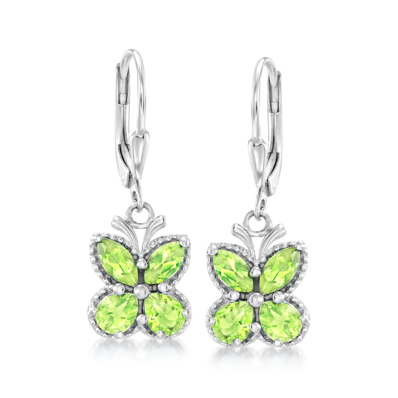 Sterling silver peridot green butterfly drop earrings with leverback closures