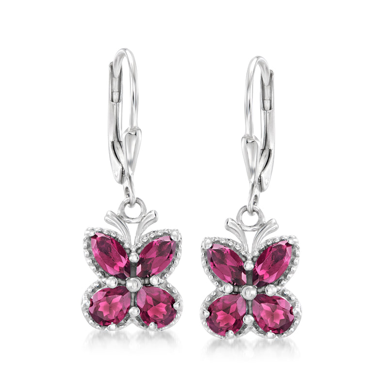Sterling silver butterfly drop earrings with rhodolite red gemstones and leverback closures