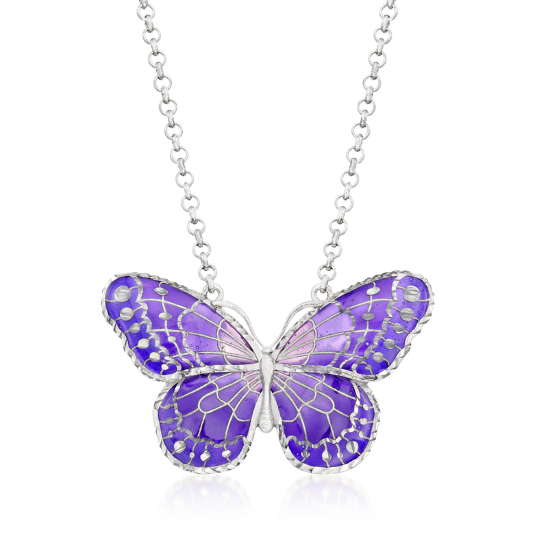 Sterling silver butterfly necklace with purple enamel wings and chain links