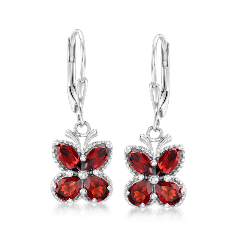 Sterling silver leverback butterfly drop earrings with red garnet-style gemstones