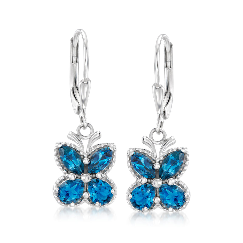 Sterling silver butterfly drop earrings with London blue topaz, leverback closure.