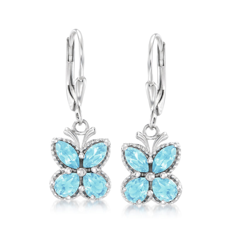 Sterling silver aquamarine butterfly drop earrings with leverback clasp and four blue stones