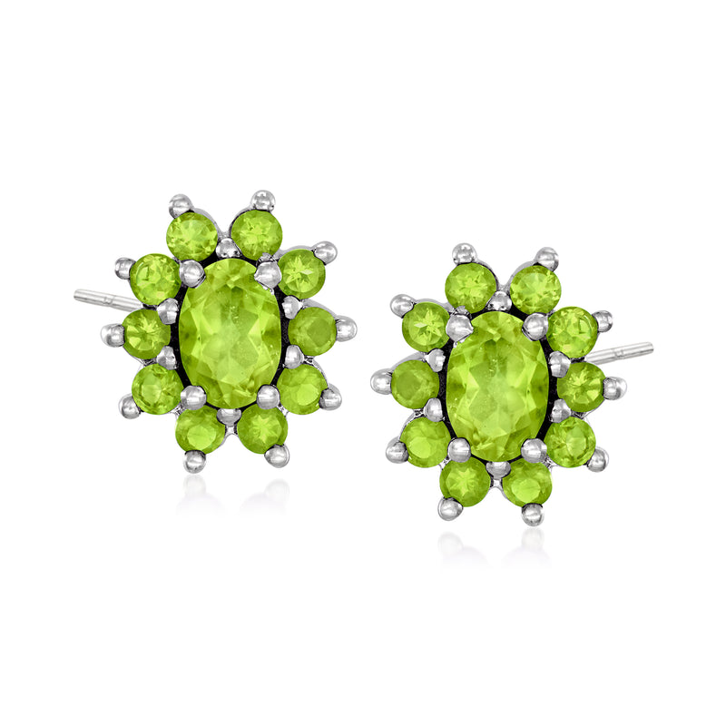 Sterling silver peridot flower stud earrings with bright green gemstone clusters