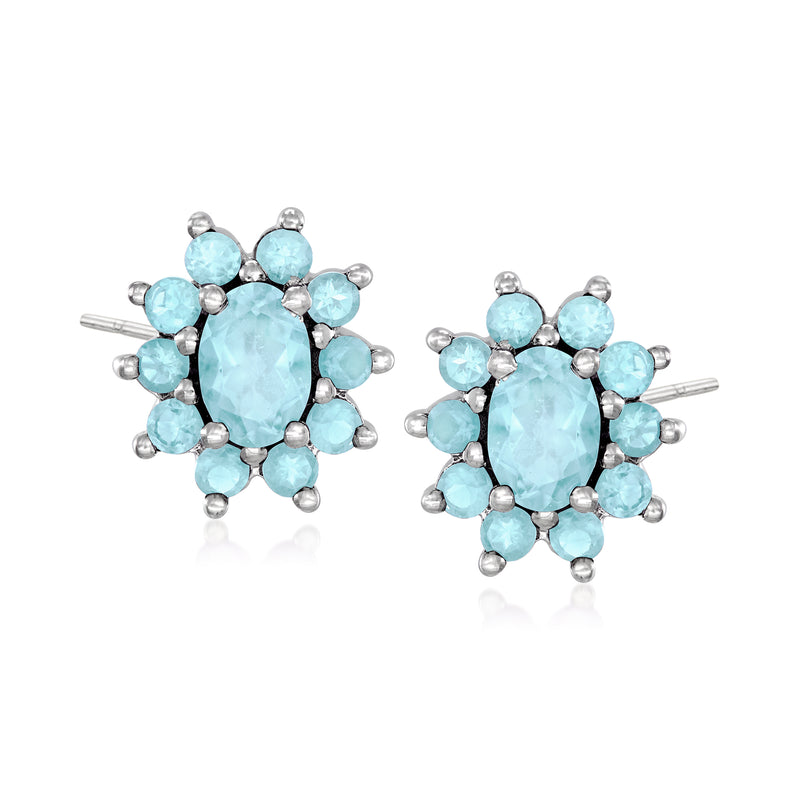 Sterling silver blue topaz flower stud earrings, post backs, oval center stones