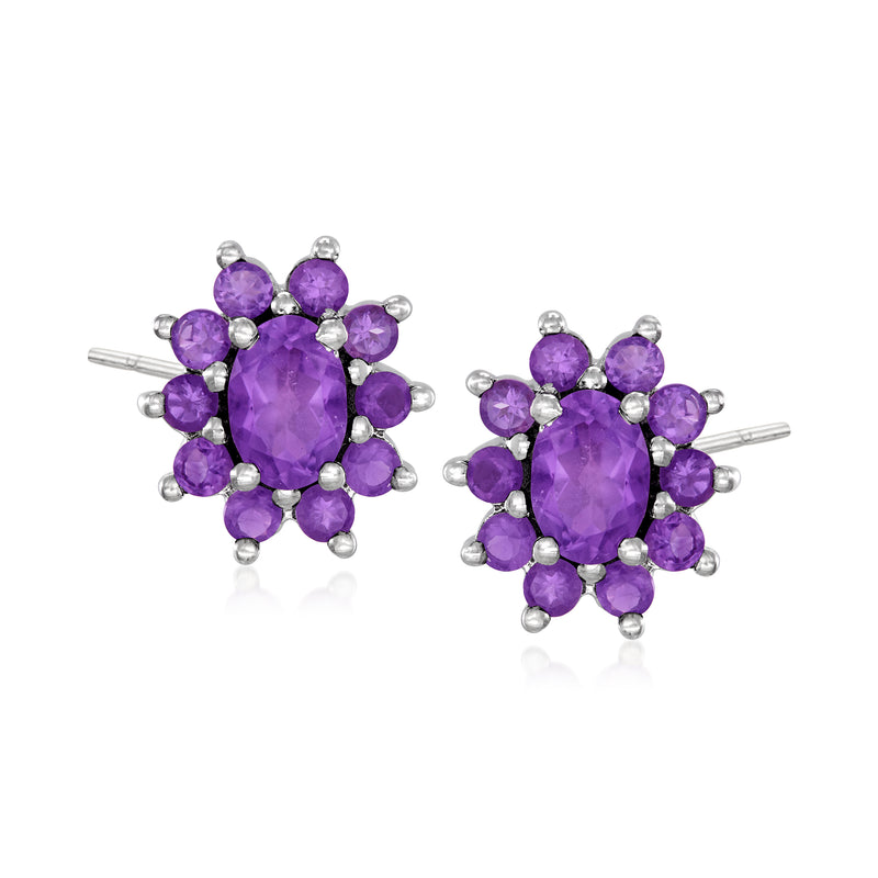 Sterling silver amethyst flower stud earrings with purple gemstones, post backs