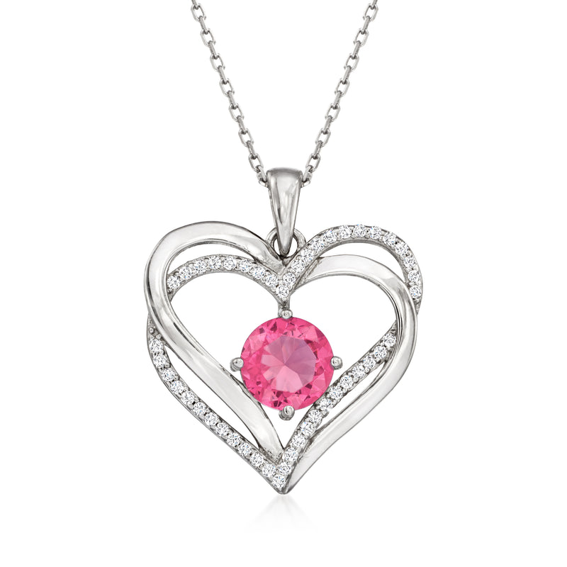 Sterling silver heart pendant necklace with pink round birthstone and CZ halo