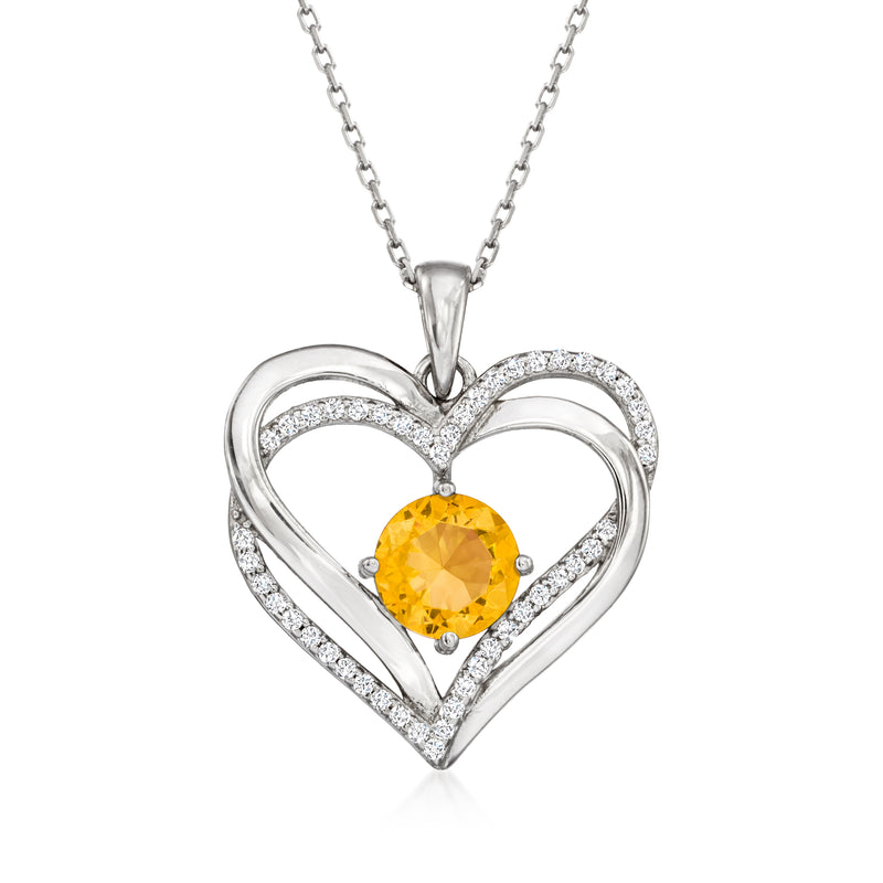 Sterling silver heart pendant necklace with yellow round birthstone and CZ halo