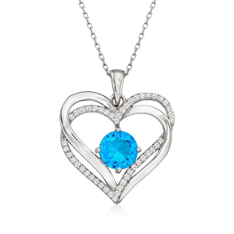 Sterling silver heart pendant necklace with blue round birthstone and CZ halo