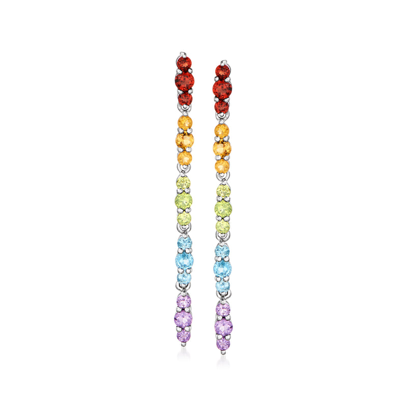 Sterling silver linear drop earrings with multi-color round gemstones: red, yellow, green, blue