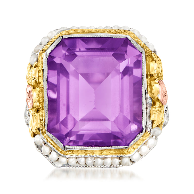 Amethyst and seed pearl dinner ring with octagonal purple gemstone and tri-colored gold setting