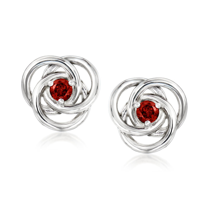 Sterling silver love knot post earrings with red garnet stones
