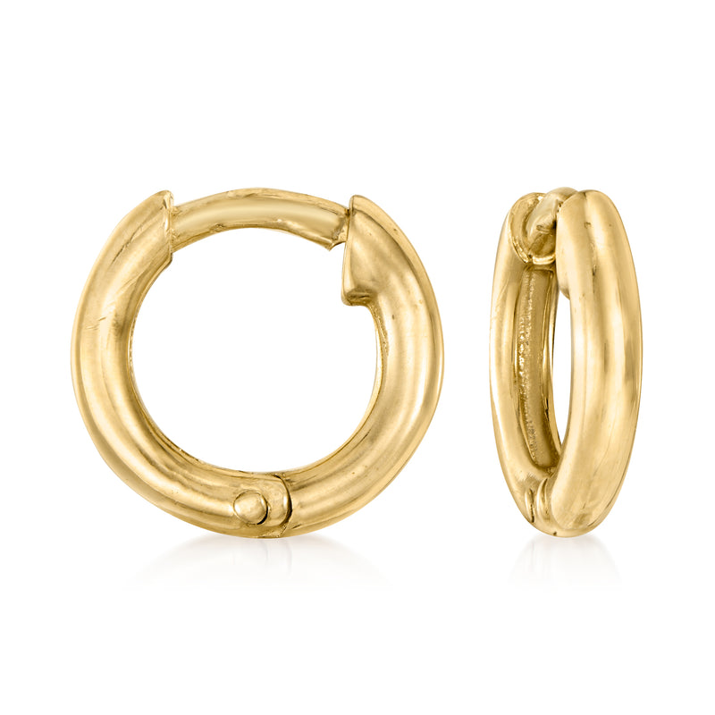 14k yellow gold huggie hoop earrings, hinged snap closure, polished