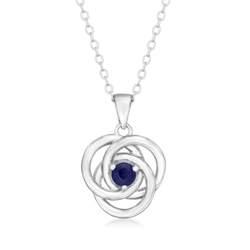 Sterling silver love knot pendant necklace with dark blue round sapphire accent