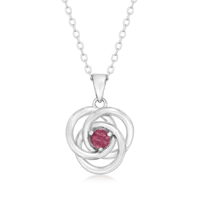 Sterling silver love knot pendant necklace with round ruby gemstone in center