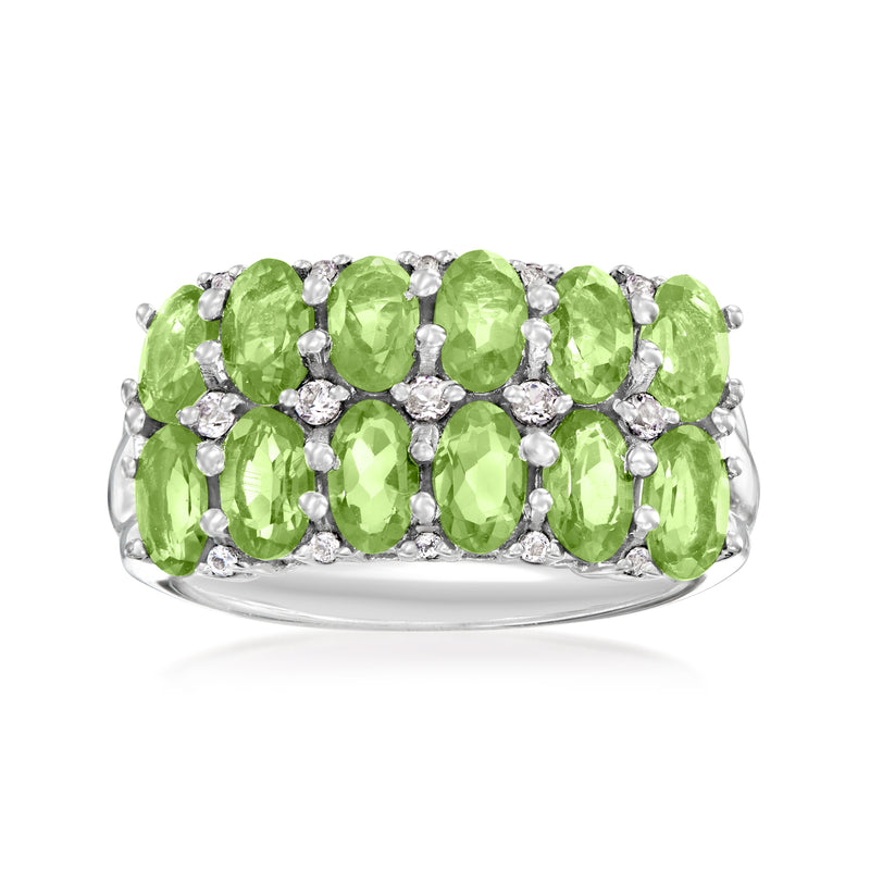 Sterling silver two-row oval peridot ring with white topaz accents