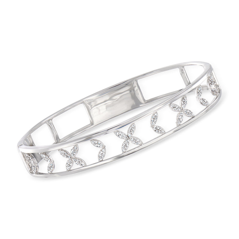 Sterling silver openwork bangle bracelet with floral diamond accents