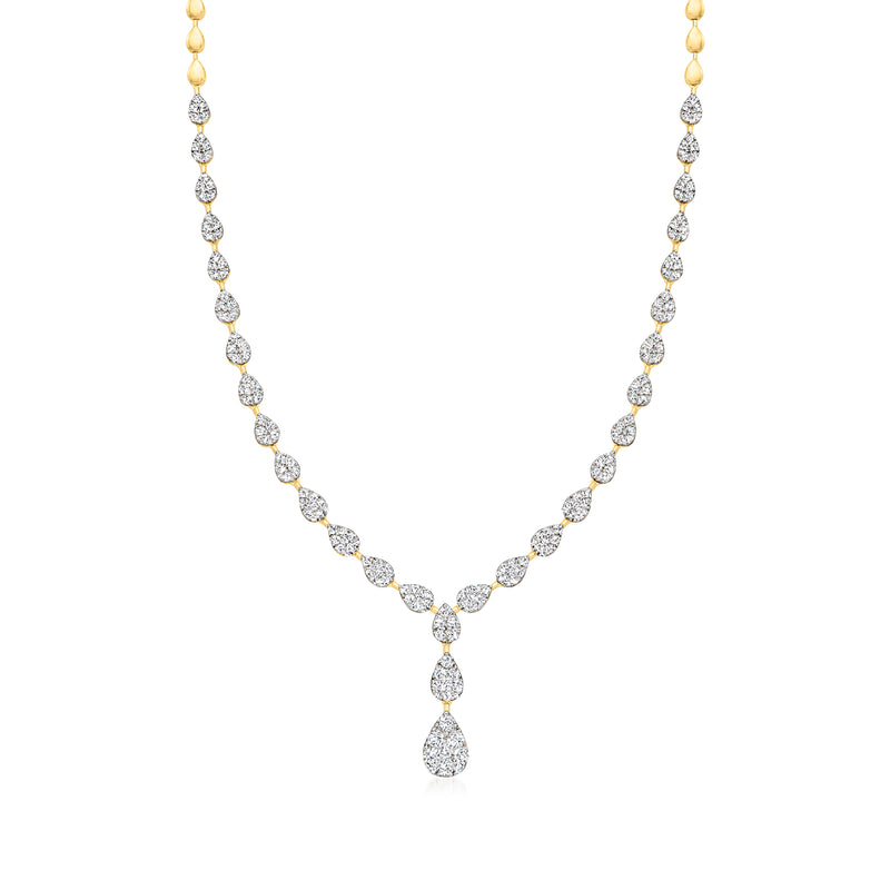 14kt yellow gold diamond teardrop necklace with pear-shaped stones and center drop