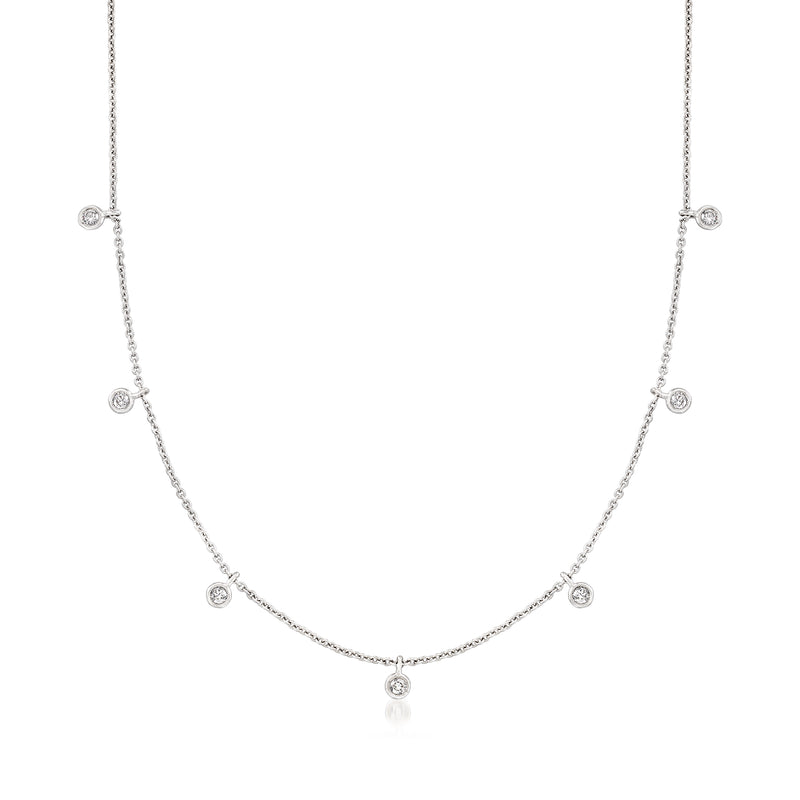 14kt white gold diamond station necklace with five round bezel-set stones