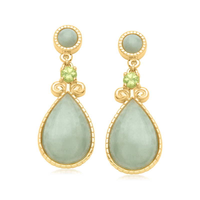 18k gold over sterling drop earrings with green teardrop and round gemstones