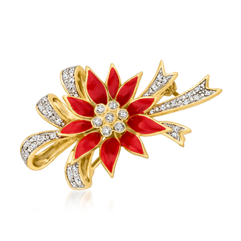 Gold poinsettia bow pin with red enamel and diamond-like accents