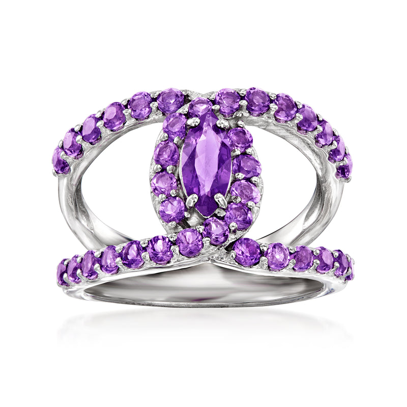 Sterling silver open-space ring with oval amethyst center and purple stone accents