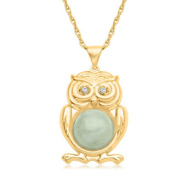 Gold over sterling jade owl pendant necklace, round green stone with crystal eyes