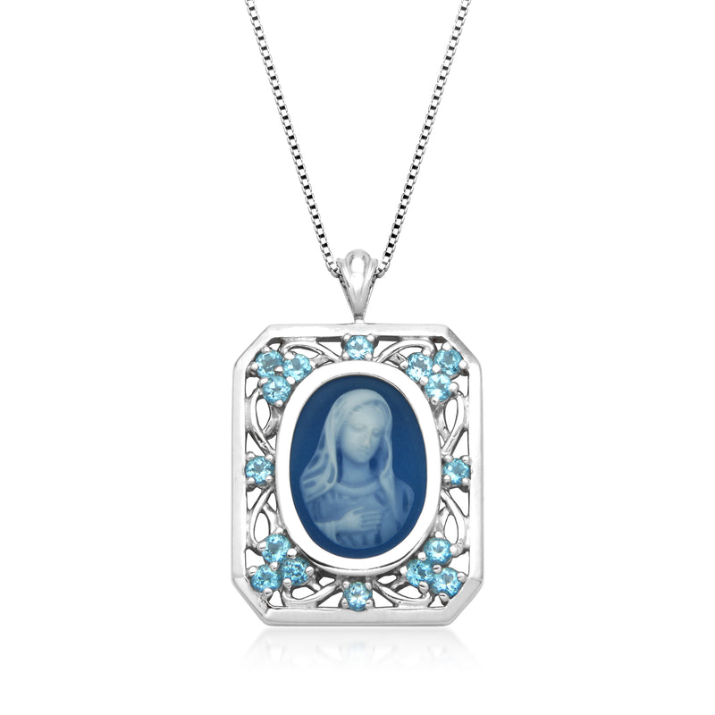 Sterling silver pendant necklace with blue Virgin Mary cameo and oval halo of blue stones