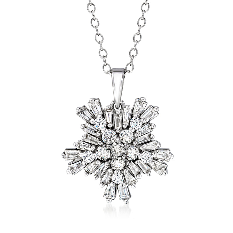 White gold diamond snowflake pendant necklace with sparkling center and clustered stones