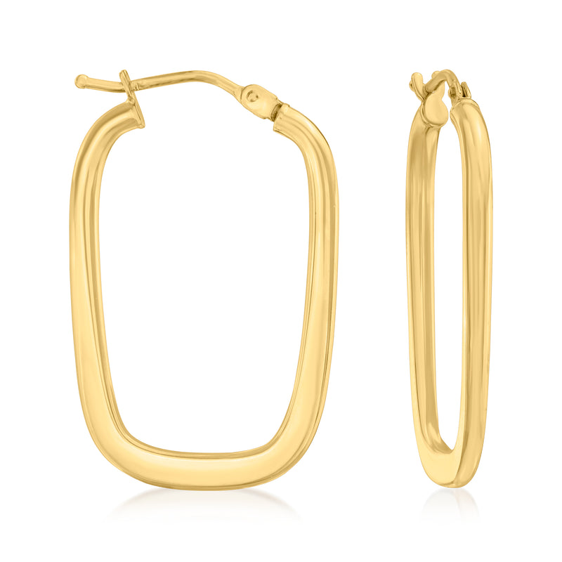 14kt yellow gold rectangular hoop earrings, hinge clasp visible