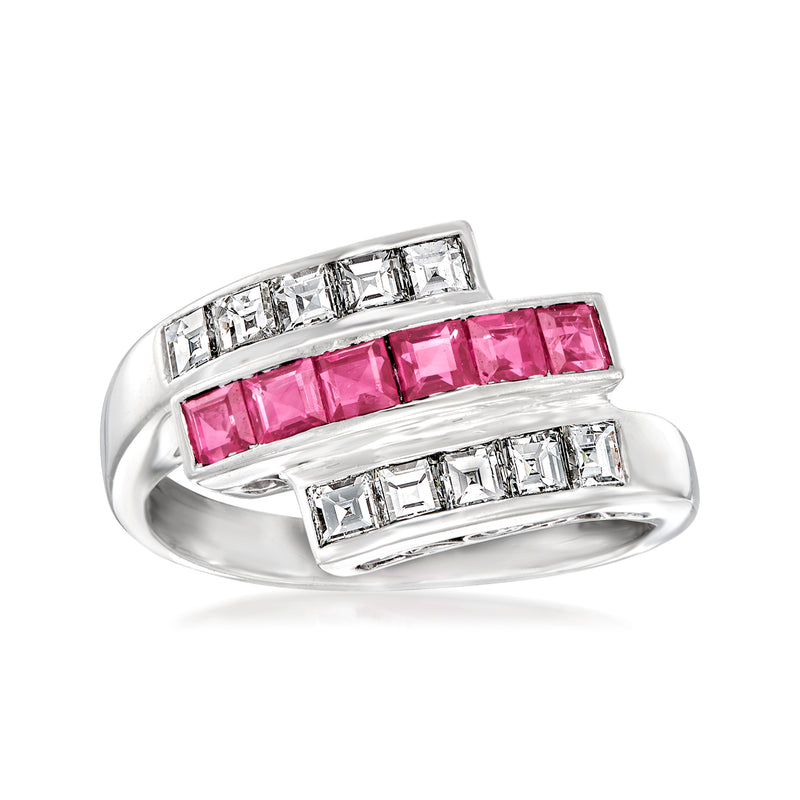 Vintage platinum multi-row ring with pink ruby center and square white diamond accents