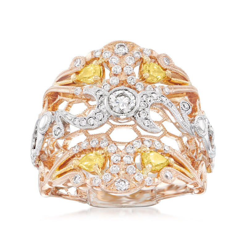 Two-tone 18k gold honeycomb ring with white and yellow diamonds, round center stone