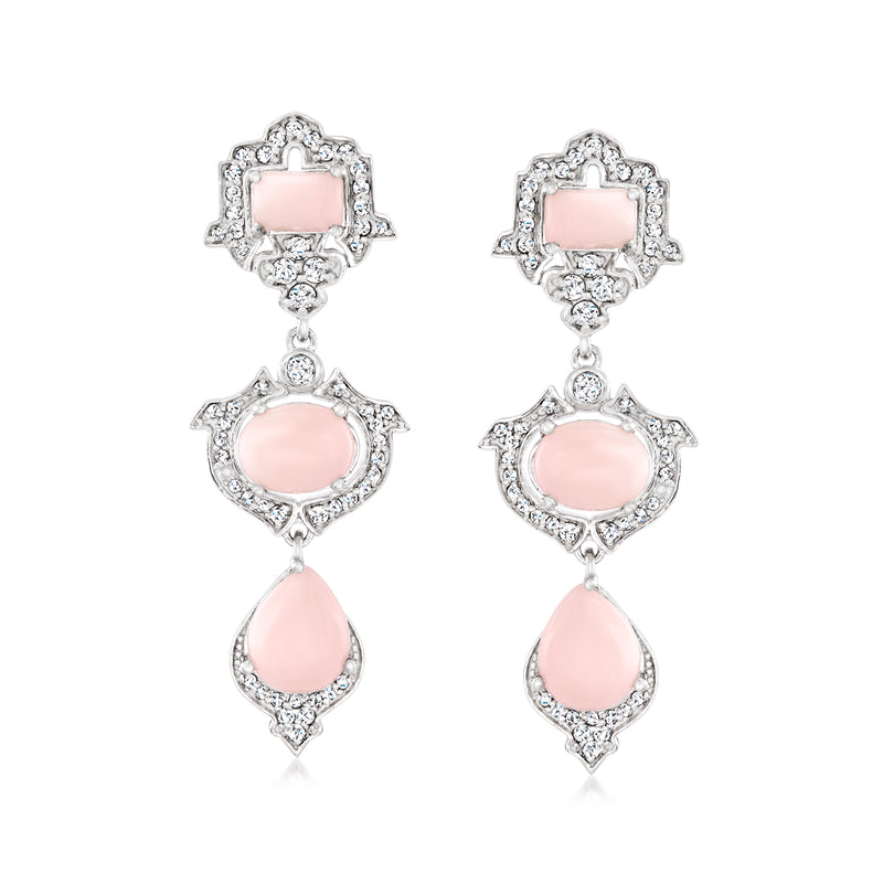Sterling silver drop earrings with pink opal centers and white topaz-like accents