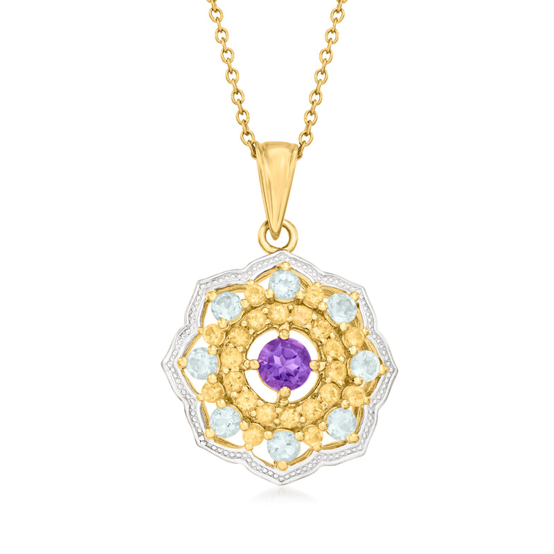 Multi-gemstone flower pendant necklace with purple center and light stones in gold