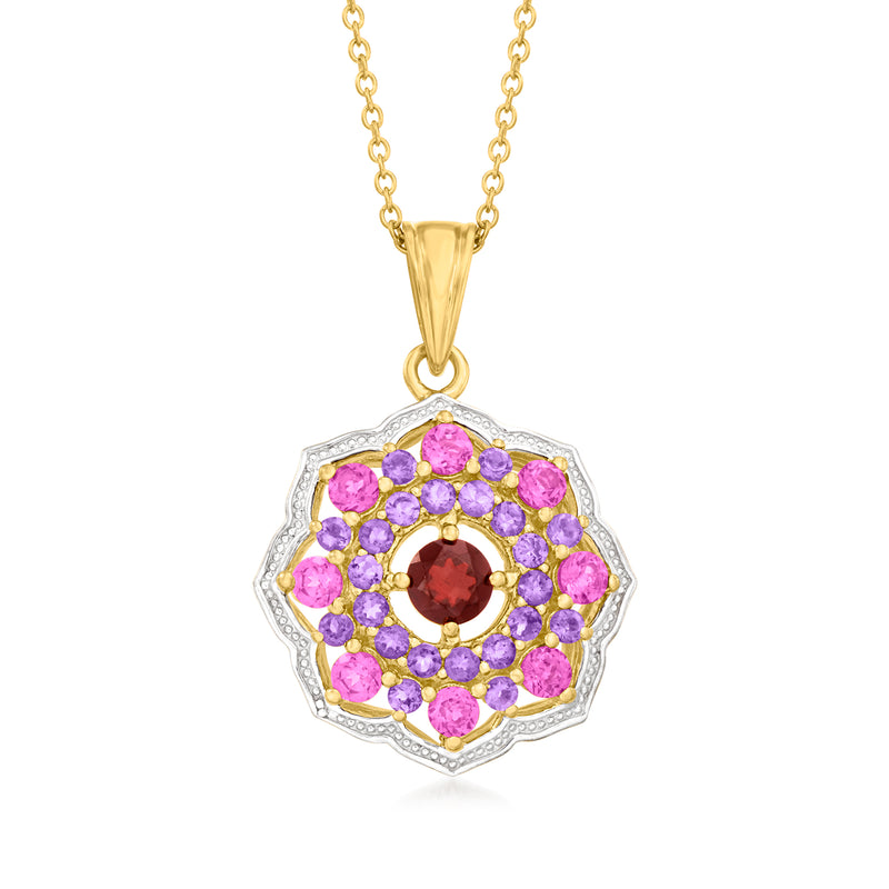 Gold-tone flower pendant necklace with pink and purple gemstones and red center stone