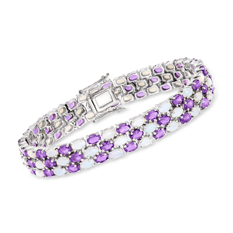 Sterling silver three-row bracelet with purple amethyst gemstone rows and metal prong settings