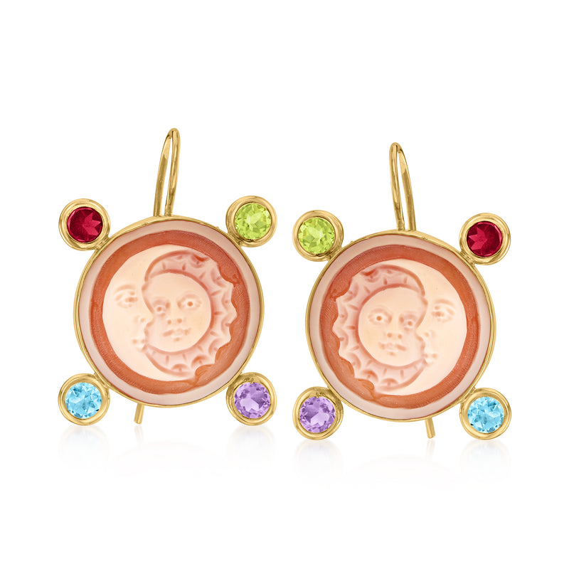 Orange shell cameo drop earrings with gold-tone settings and multicolor gemstones, earwire hoops