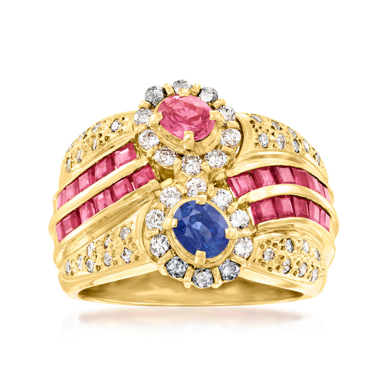 18kt yellow gold cocktail ring with pink ruby center, blue sapphire, and diamond halos