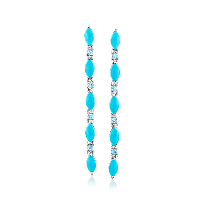 Sterling silver linear drop earrings with turquoise oval stones and small crystal links
