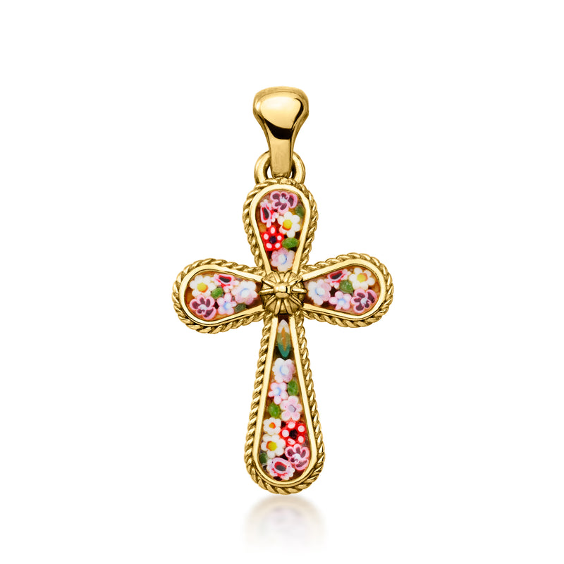 Gold-tone cross pendant with multicolored floral mosaic glass and loop bail