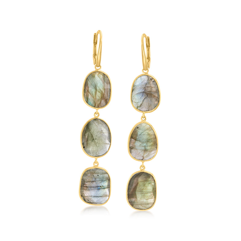 Triple-drop labradorite earrings with oval stones, leverback, 18kt gold over sterling