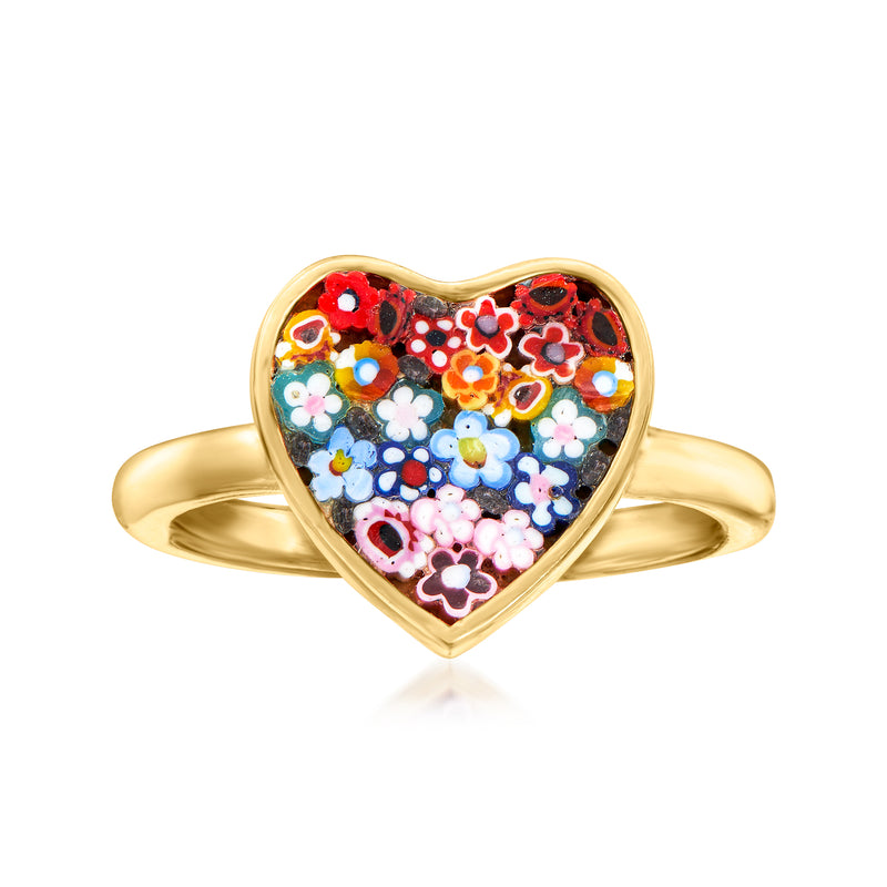 Heart-shaped multicolored glass mosaic ring with gold-toned band, floral accents