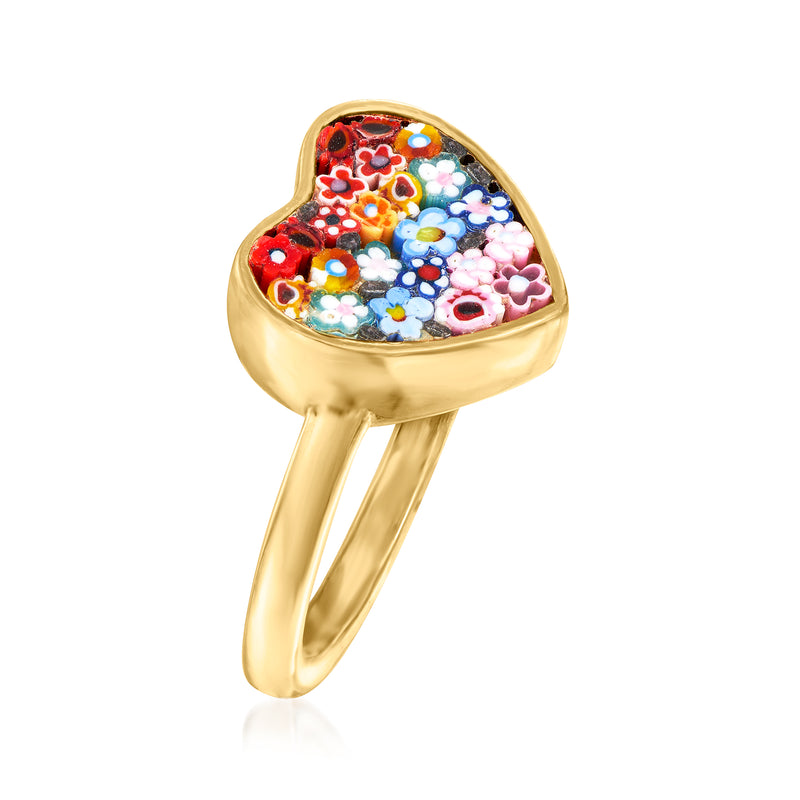 Heart-shaped glass mosaic ring, red blue pink floral pieces, gold-toned band