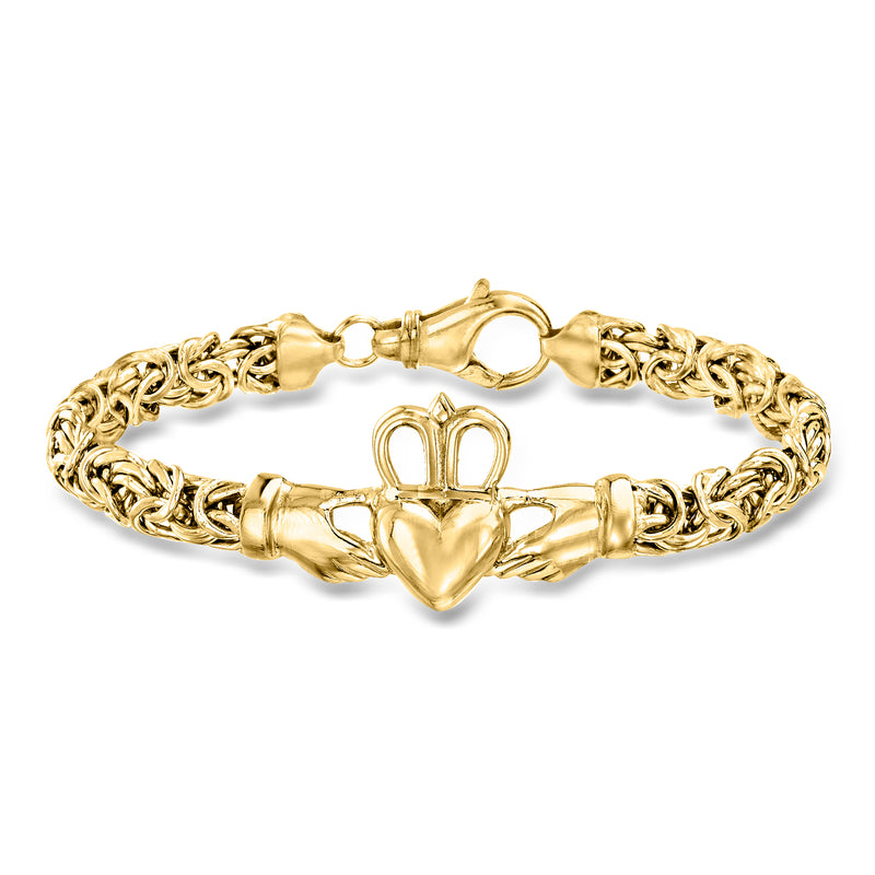 Gold over sterling Claddagh Byzantine bracelet with heart and crown clasp
