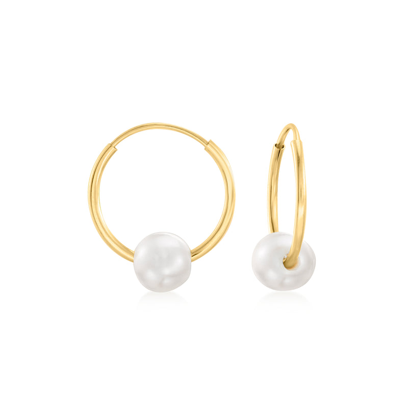 14kt yellow gold hoop earrings with removable white cultured pearl, 5–6mm